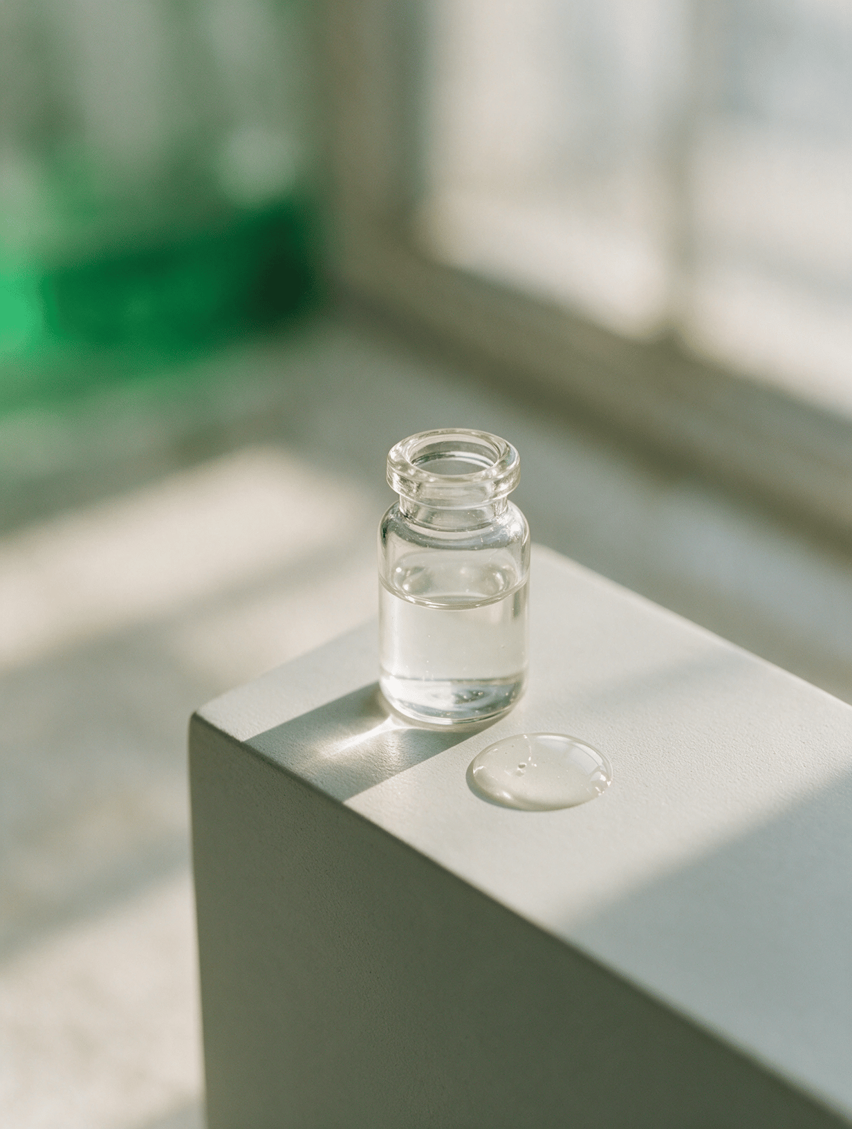 A glass vial with a single drop of clear gel