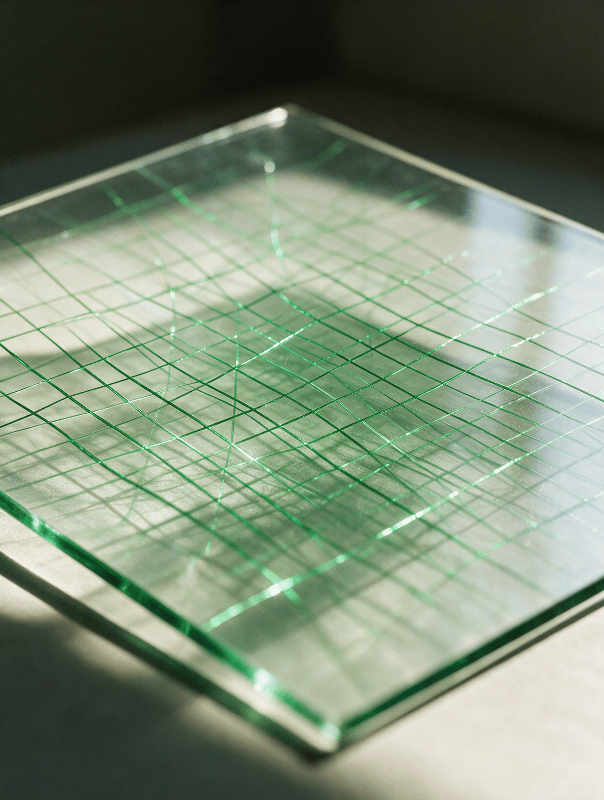 A fine grid of green light refracting through glass