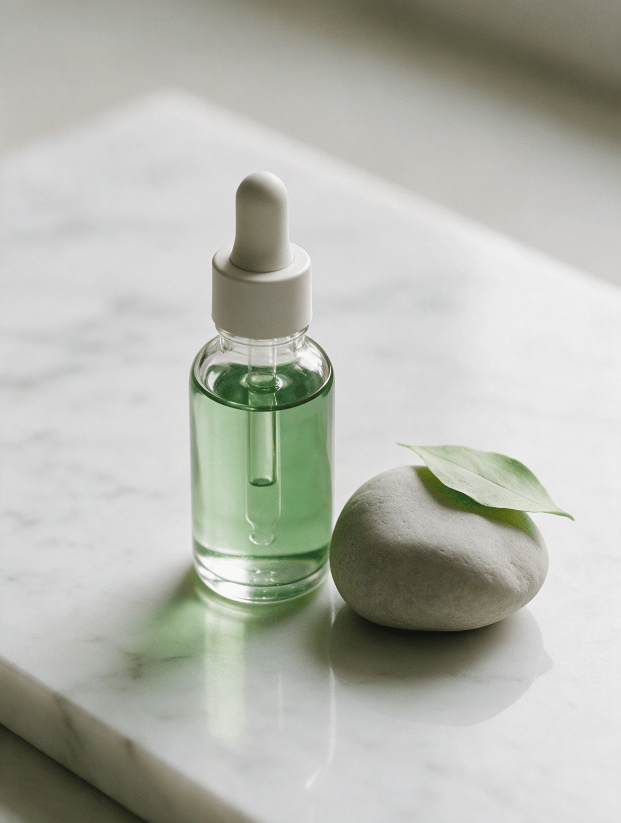 A glass dropper bottle and a green leaf on marble