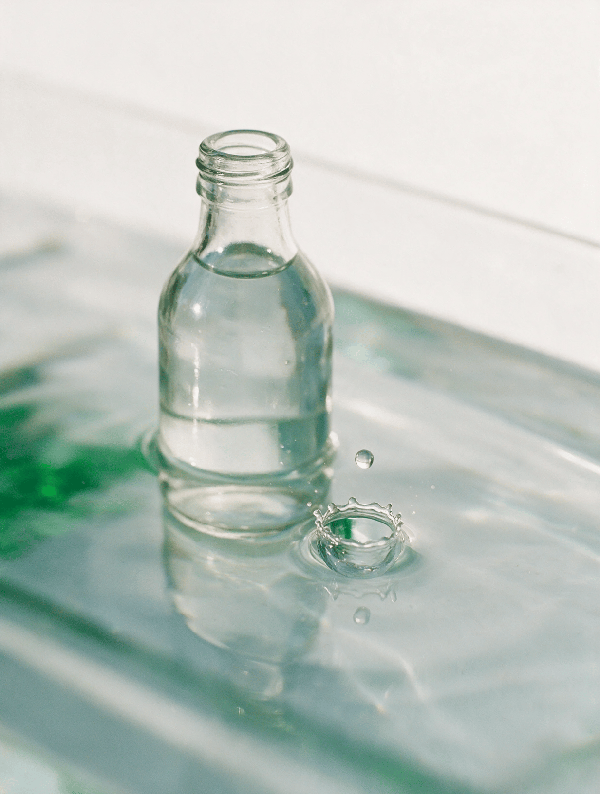 A droplet falling into water beside a glass bottle