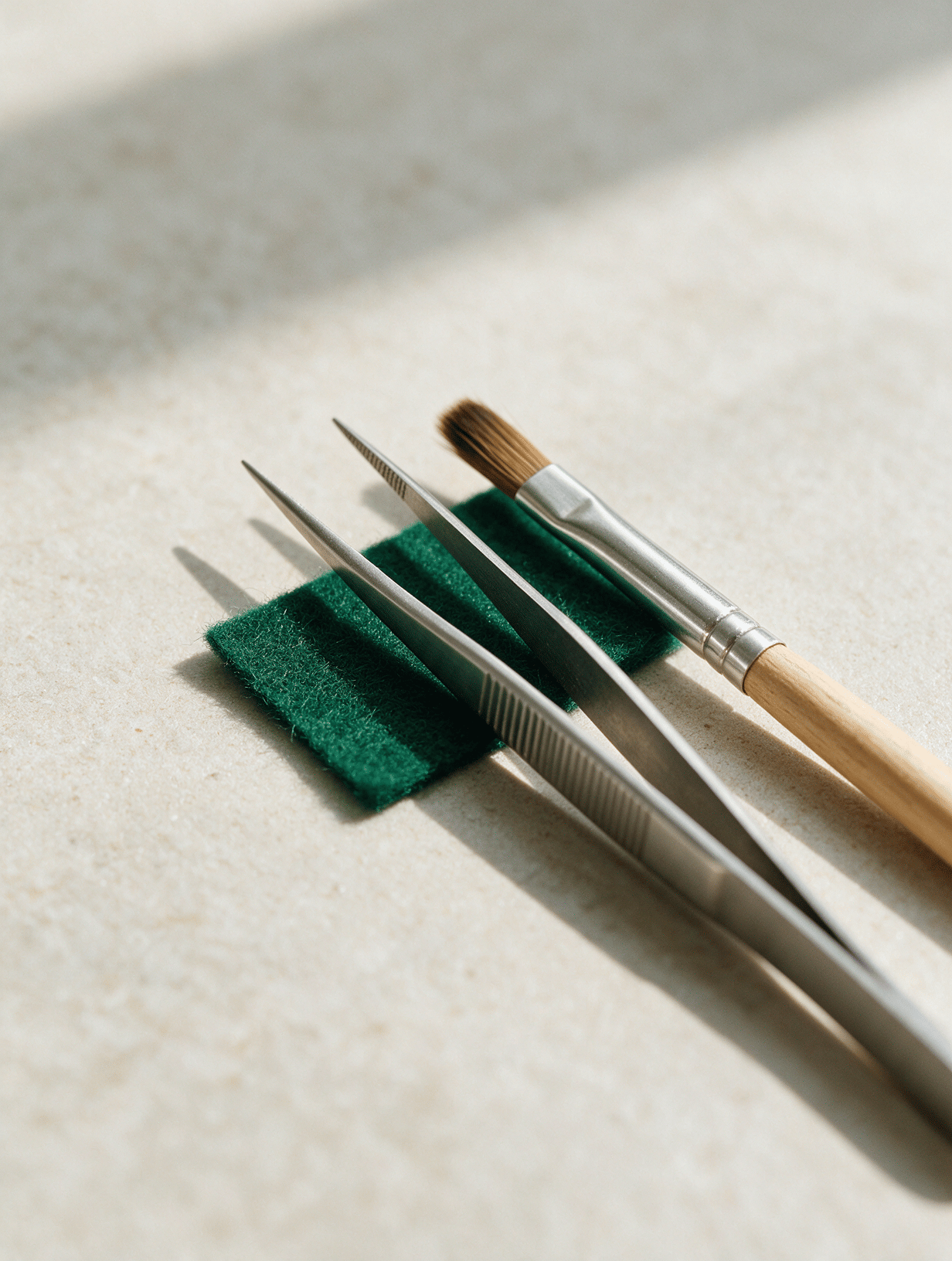 Precision tweezers and a brush on pale stone