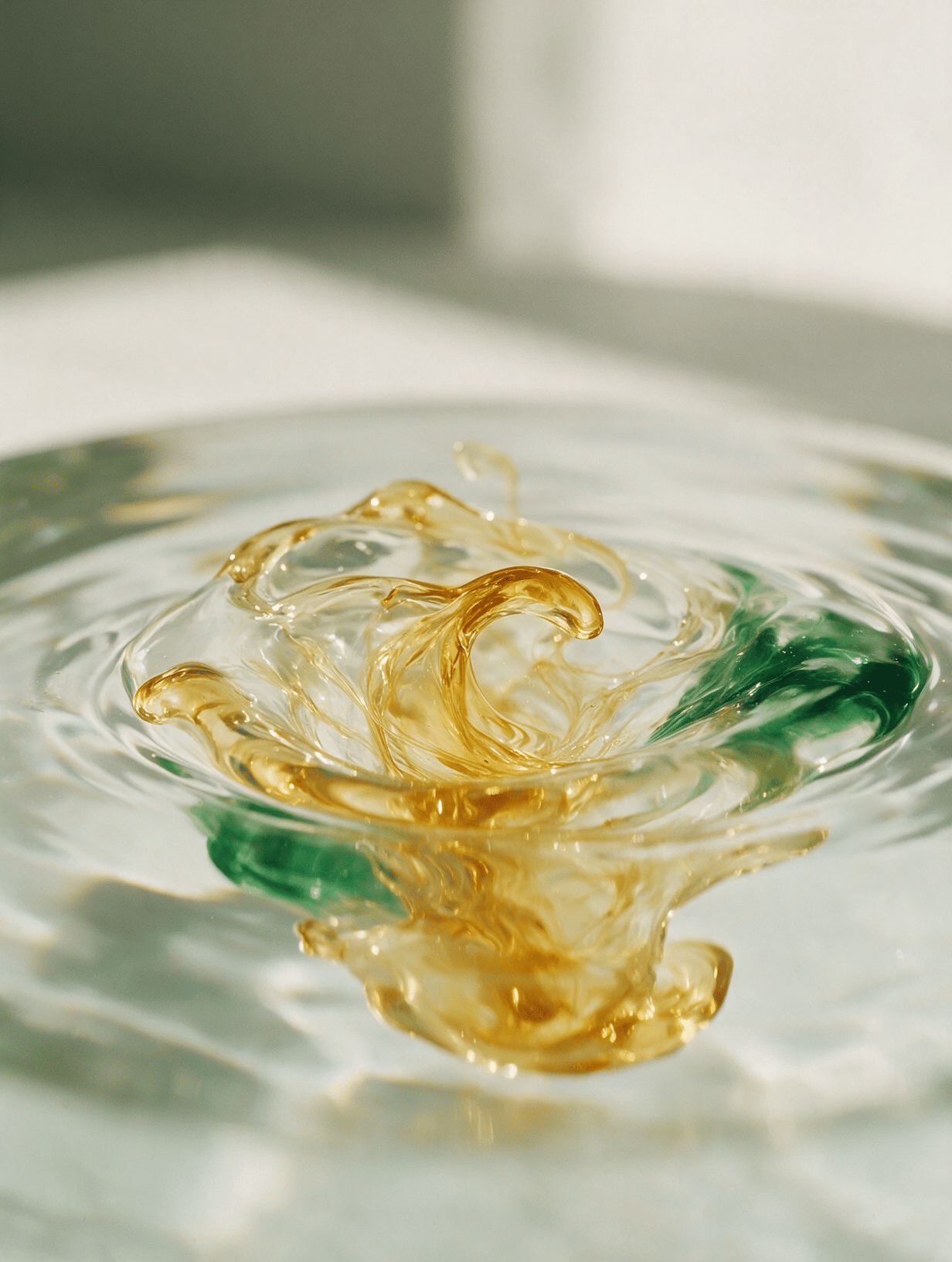Amber liquid swirling in clear water