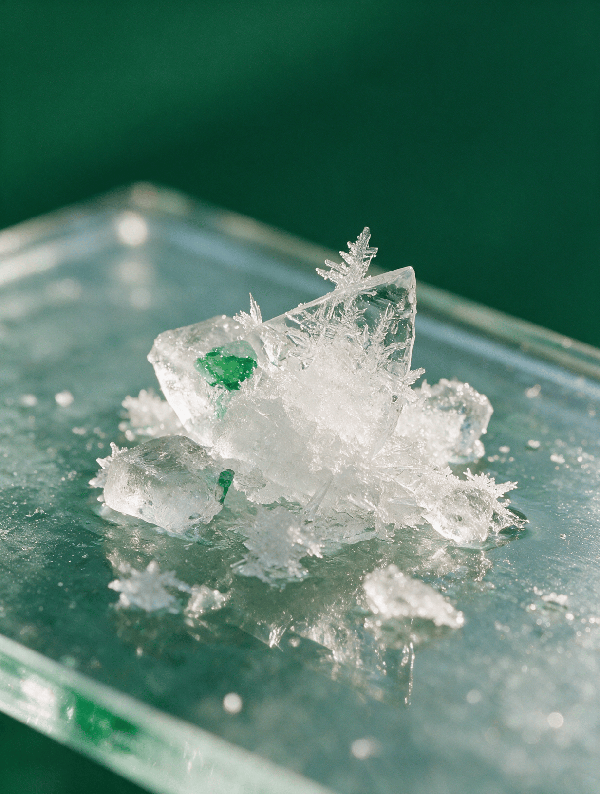 Clear ice crystals on a deep green background