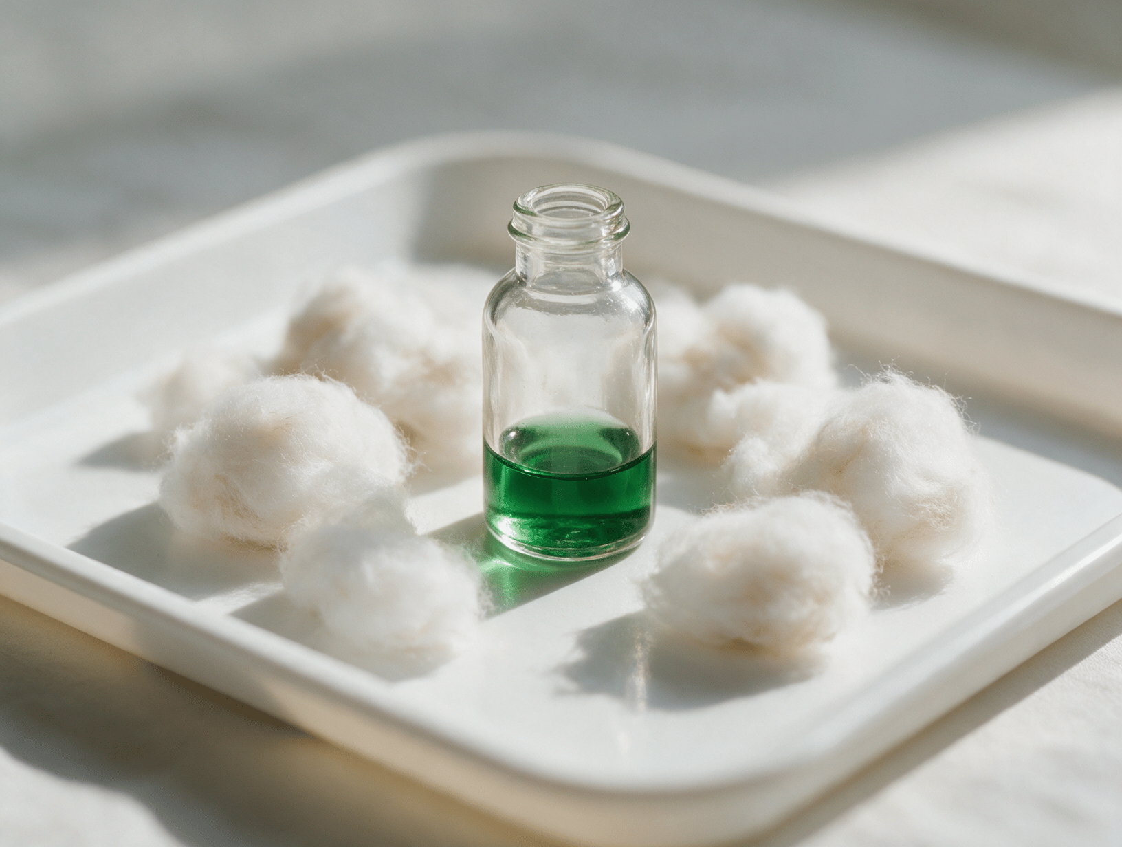 A clean white tray with cotton and a small glass bottle