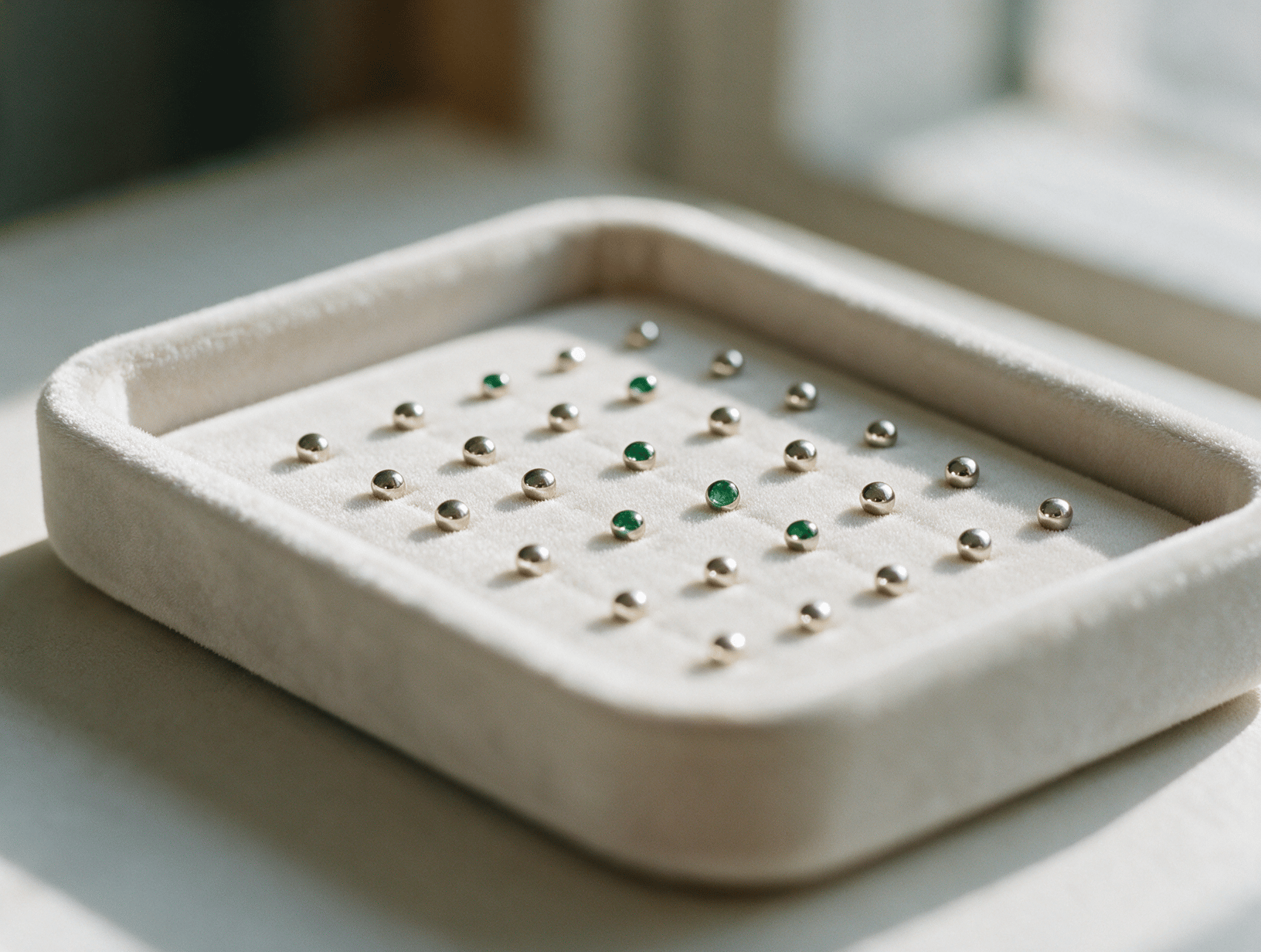 A velvet jewellery tray with small polished studs