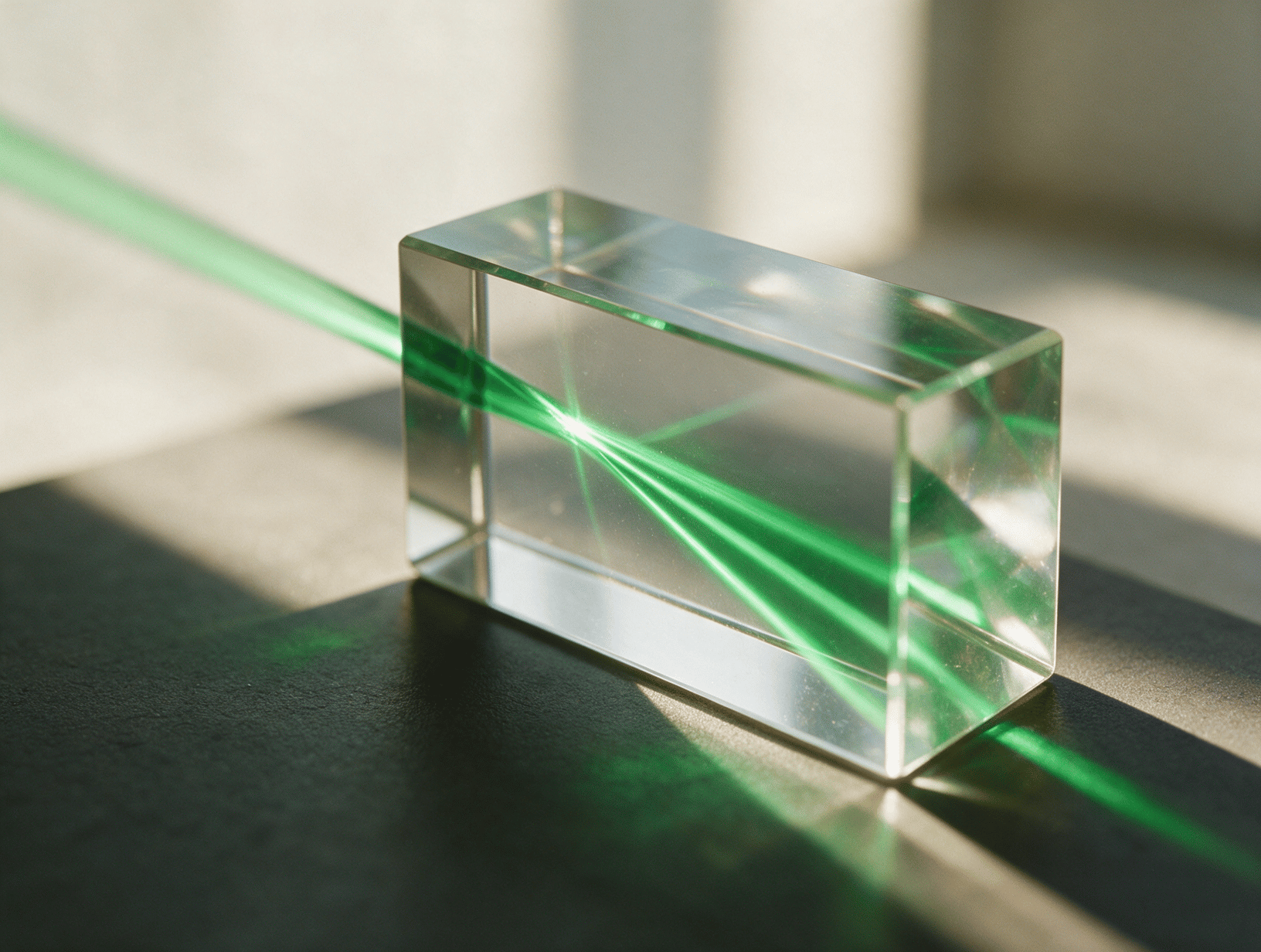 A glass prism splitting a green beam of light