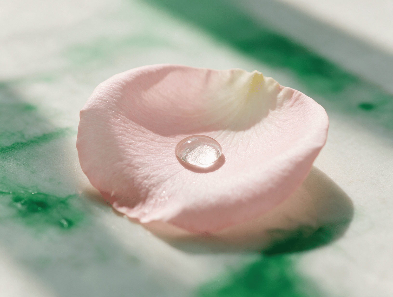 A pale pink rose petal with a single dew drop