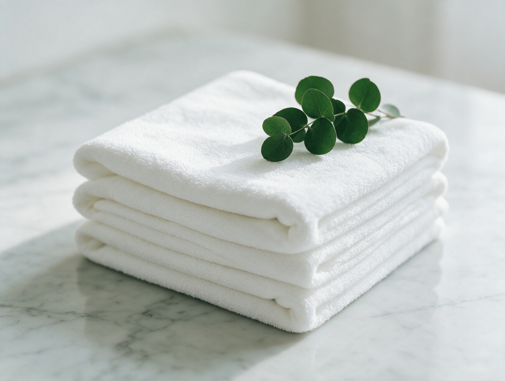 White folded towels with a sprig of eucalyptus on marble