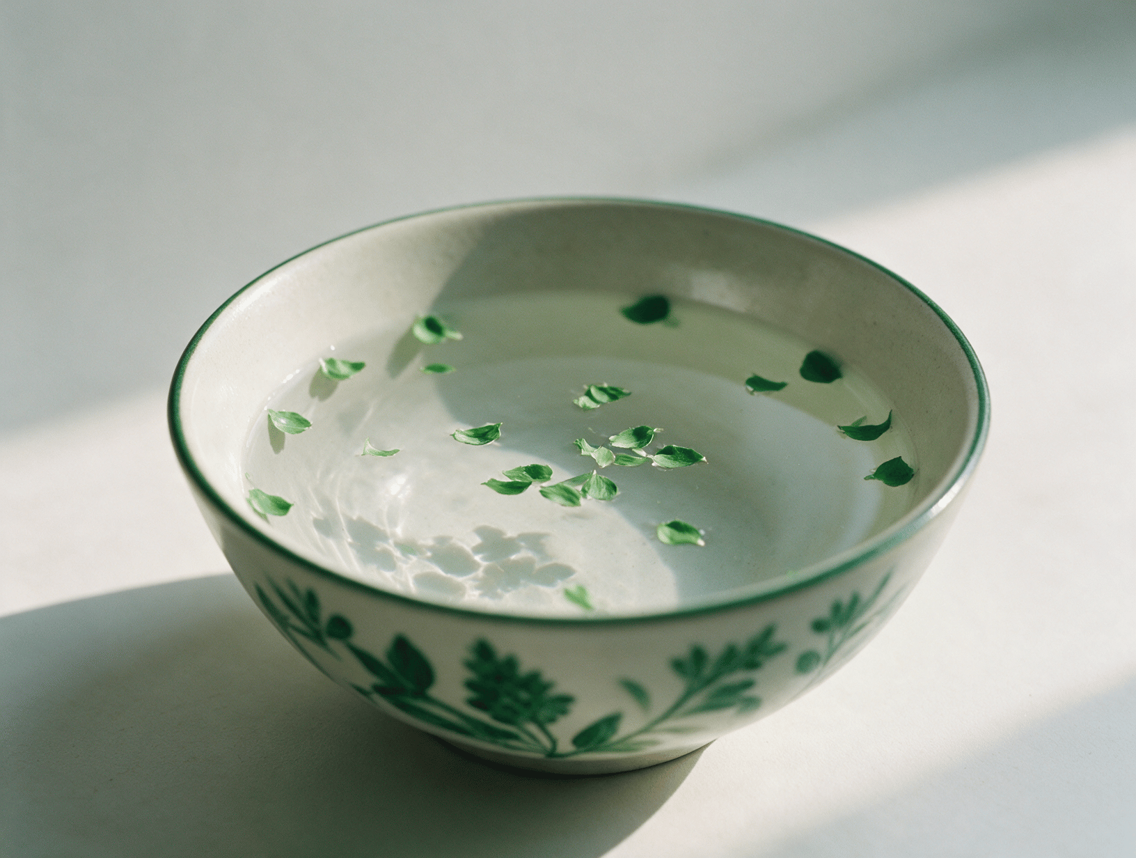 A ceramic bowl of clear water with floating green petals