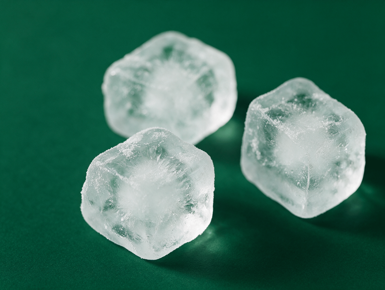 Ice cubes with frost on a deep emerald background