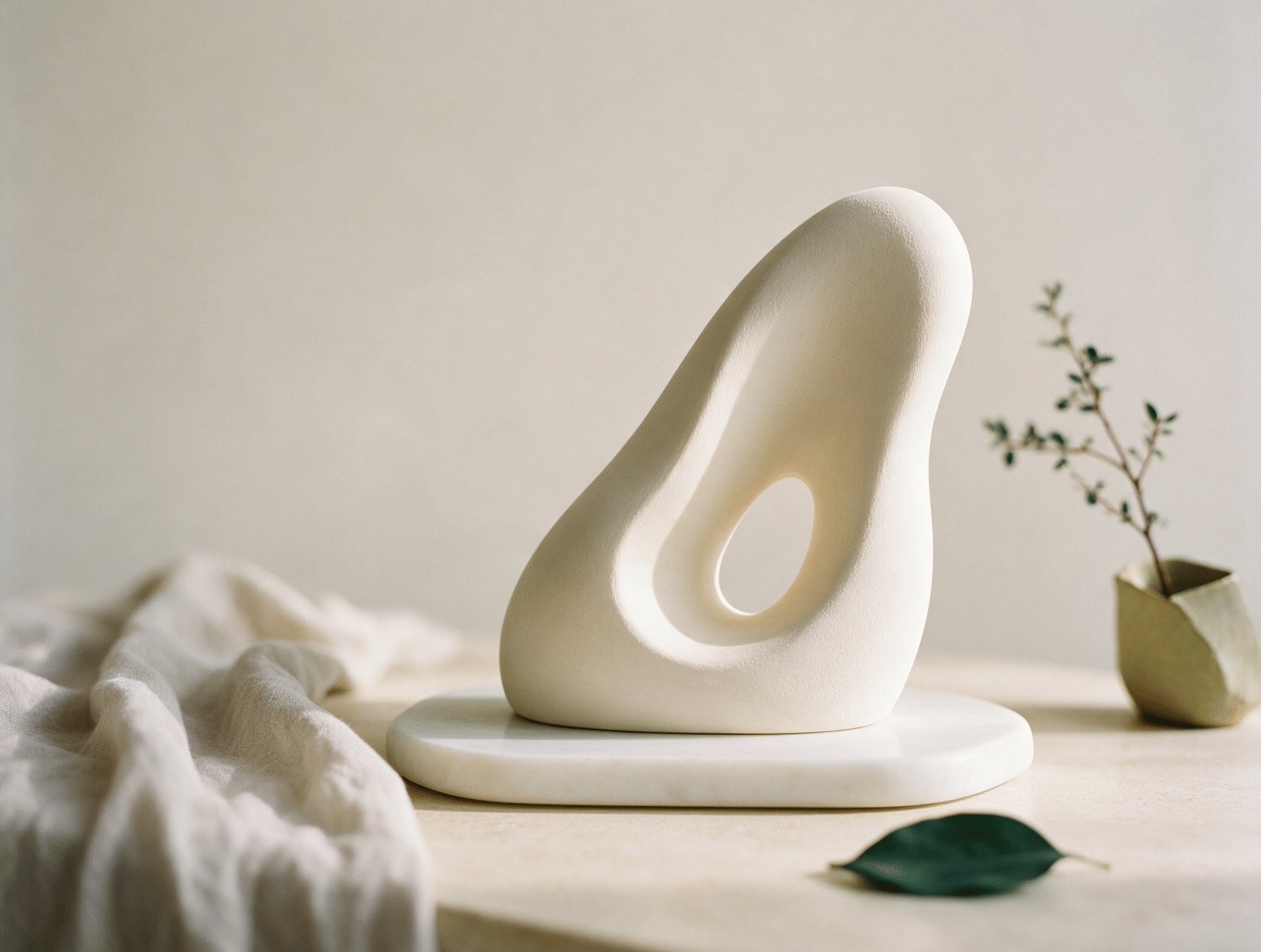 A smooth curved white sculpture form with soft shadows