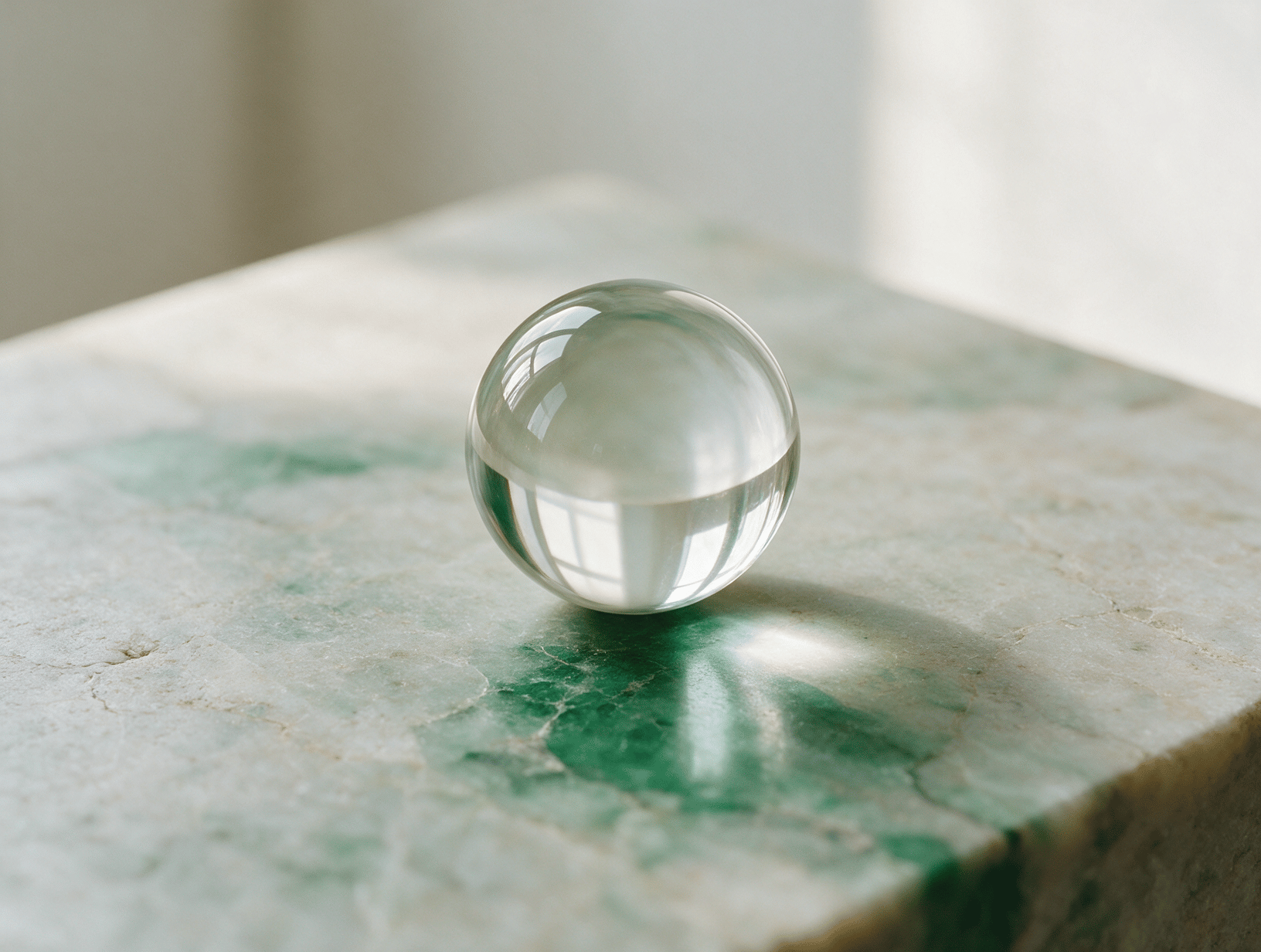 A smooth glass sphere reflecting soft window light on stone