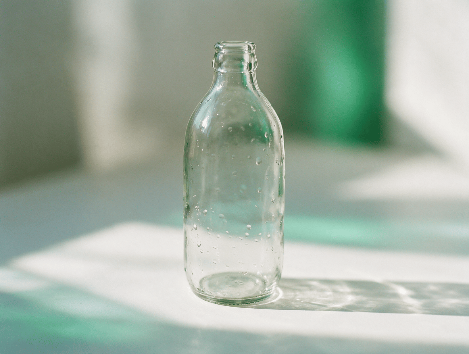 A clear glass bottle with droplets in blue green light