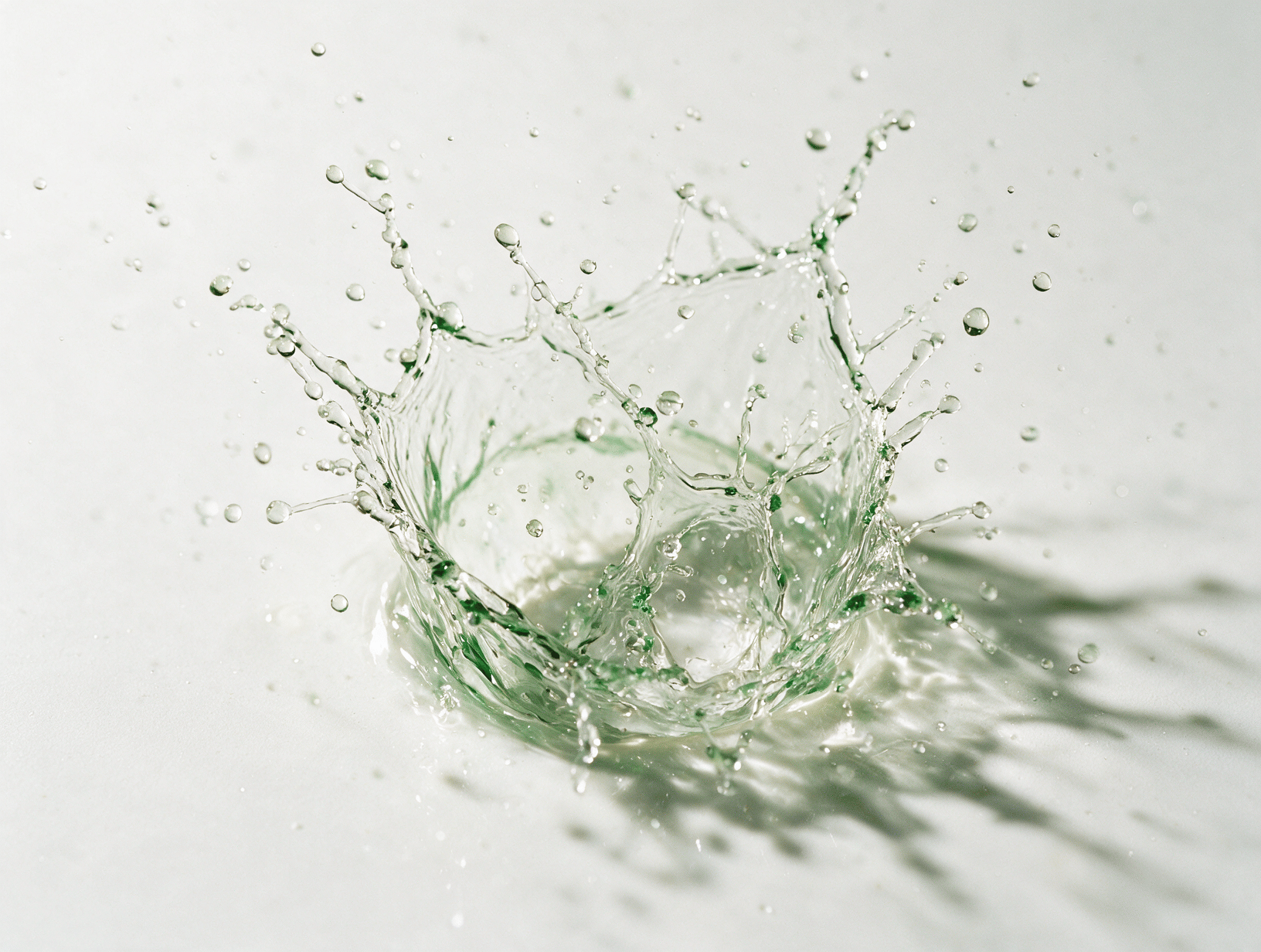 Water droplets in a mid air splash on white