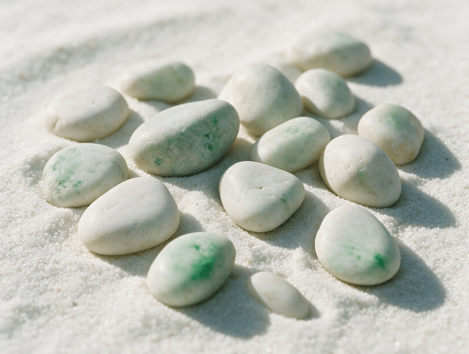 Smooth pale pebbles on white sand