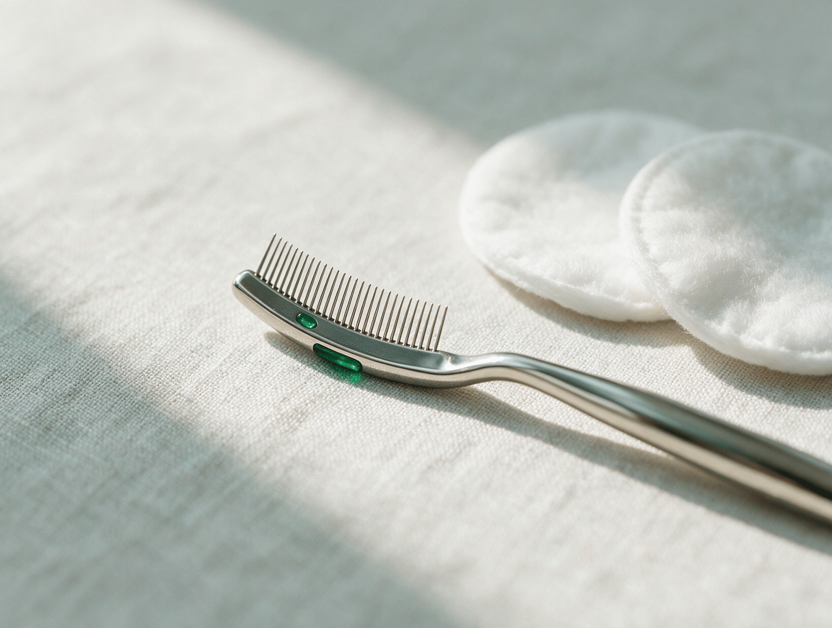 A delicate curved lash comb and cotton pads on pale linen