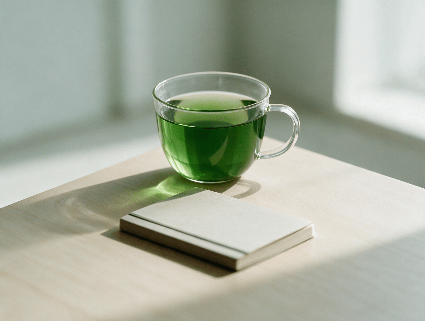 A cup of green tea and a small notebook on a pale wooden table