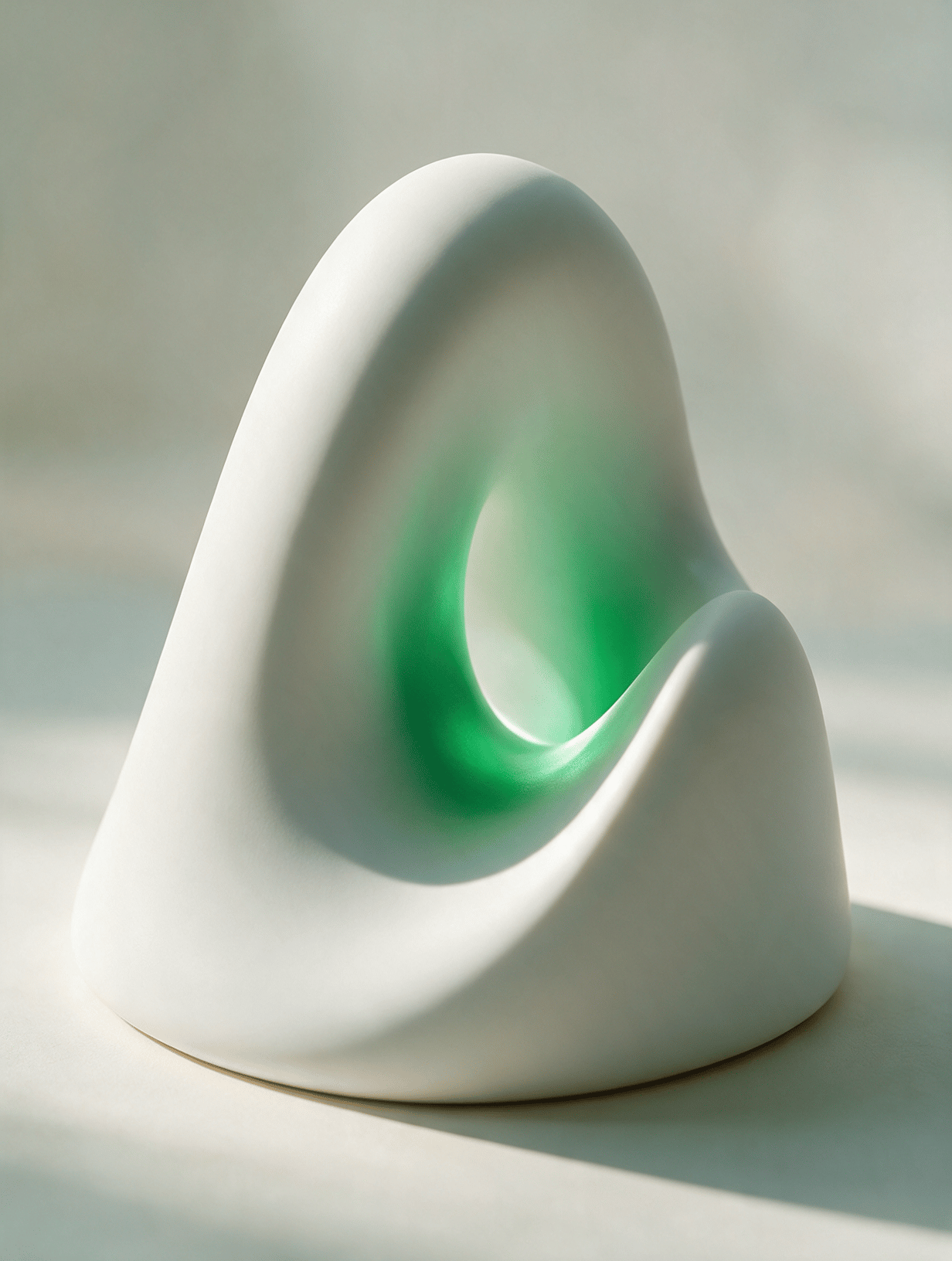 Smooth sculpted white curves with an emerald glow