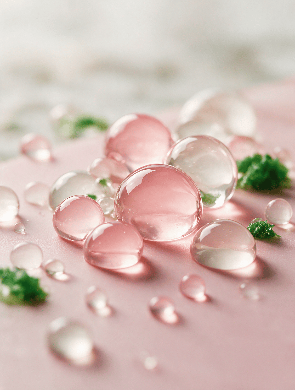 Glossy transparent gel droplets in soft pink and white