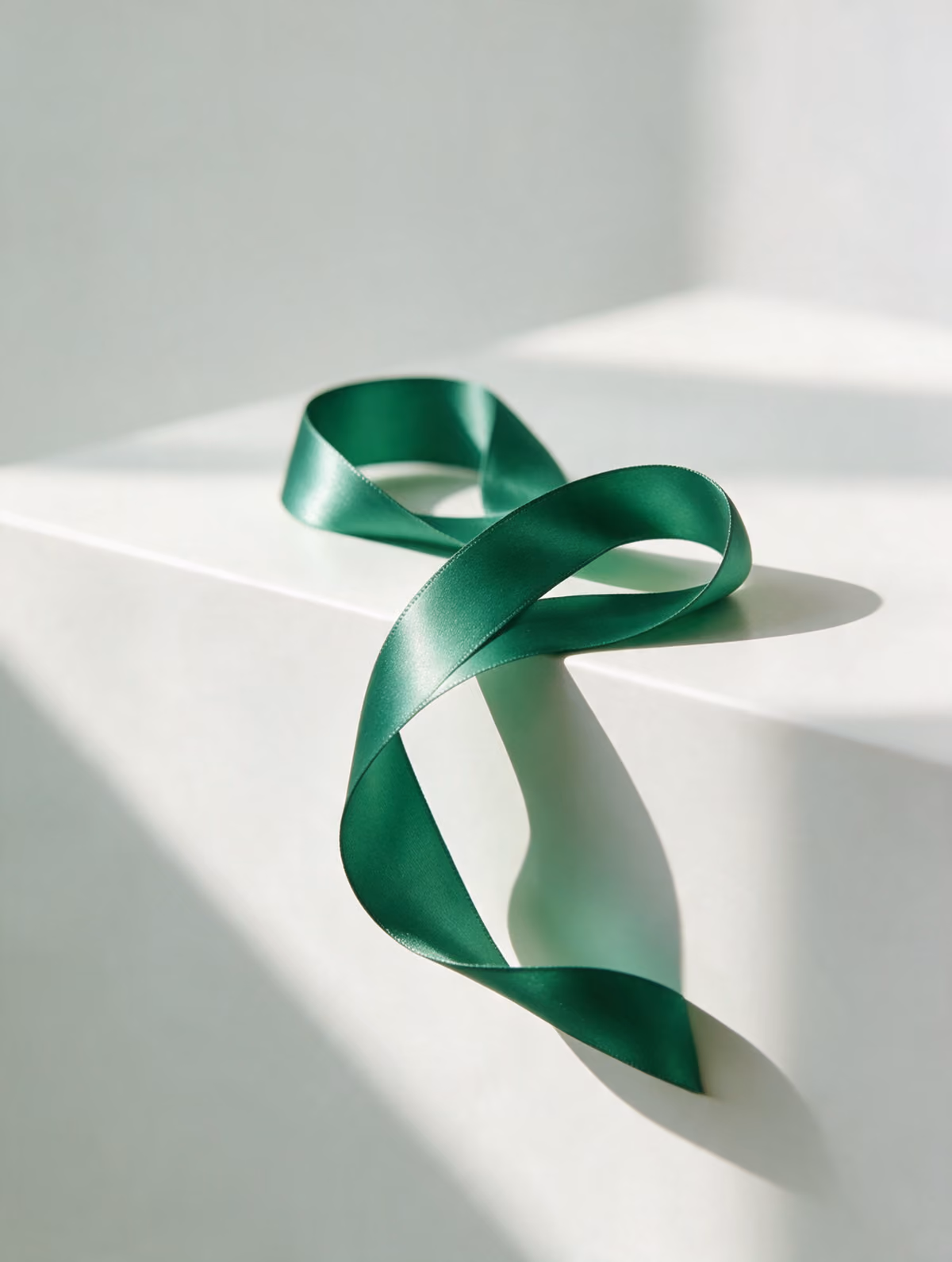 Satin emerald ribbon on a white plinth