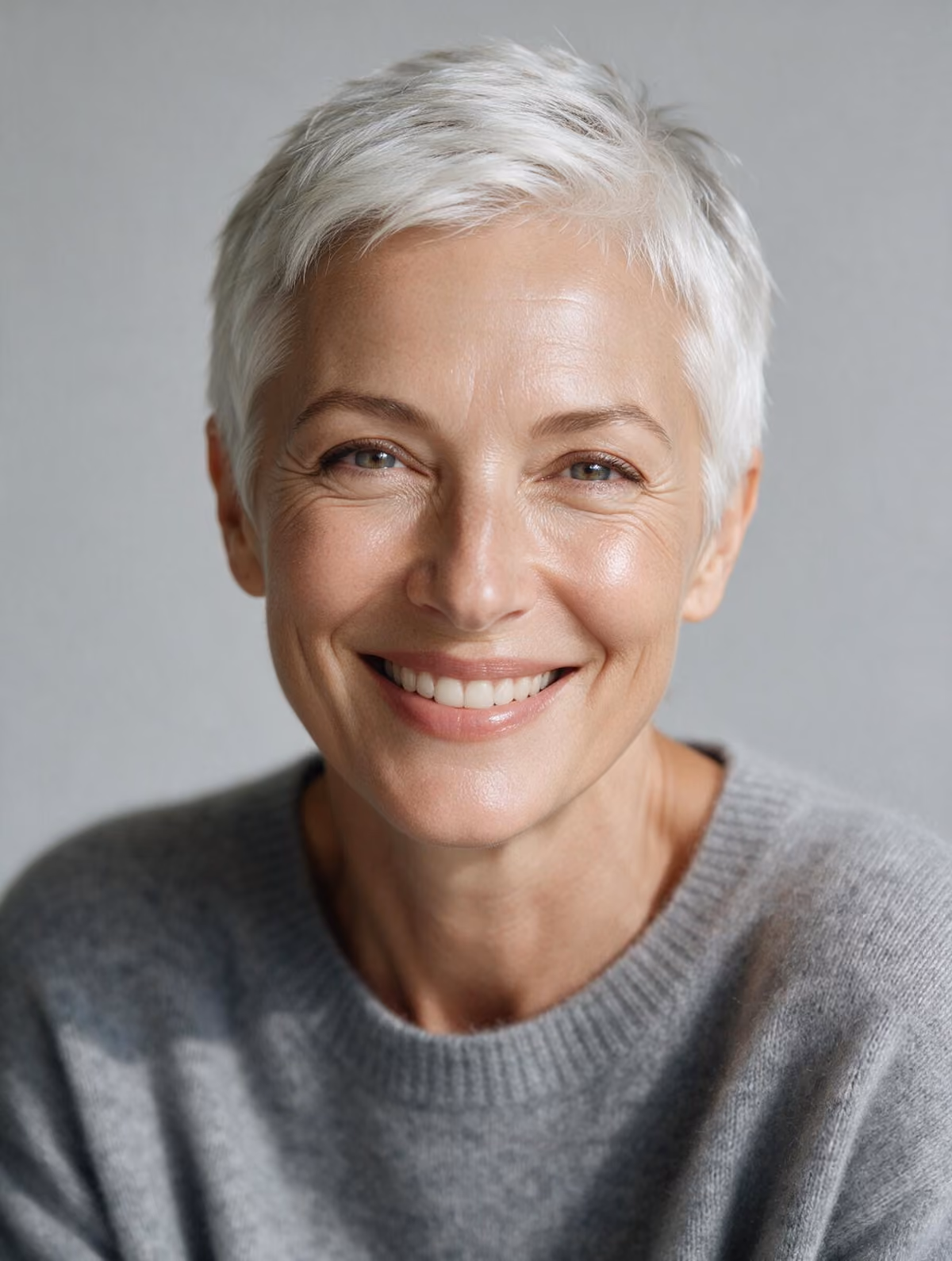 Smiling woman with short silver hair