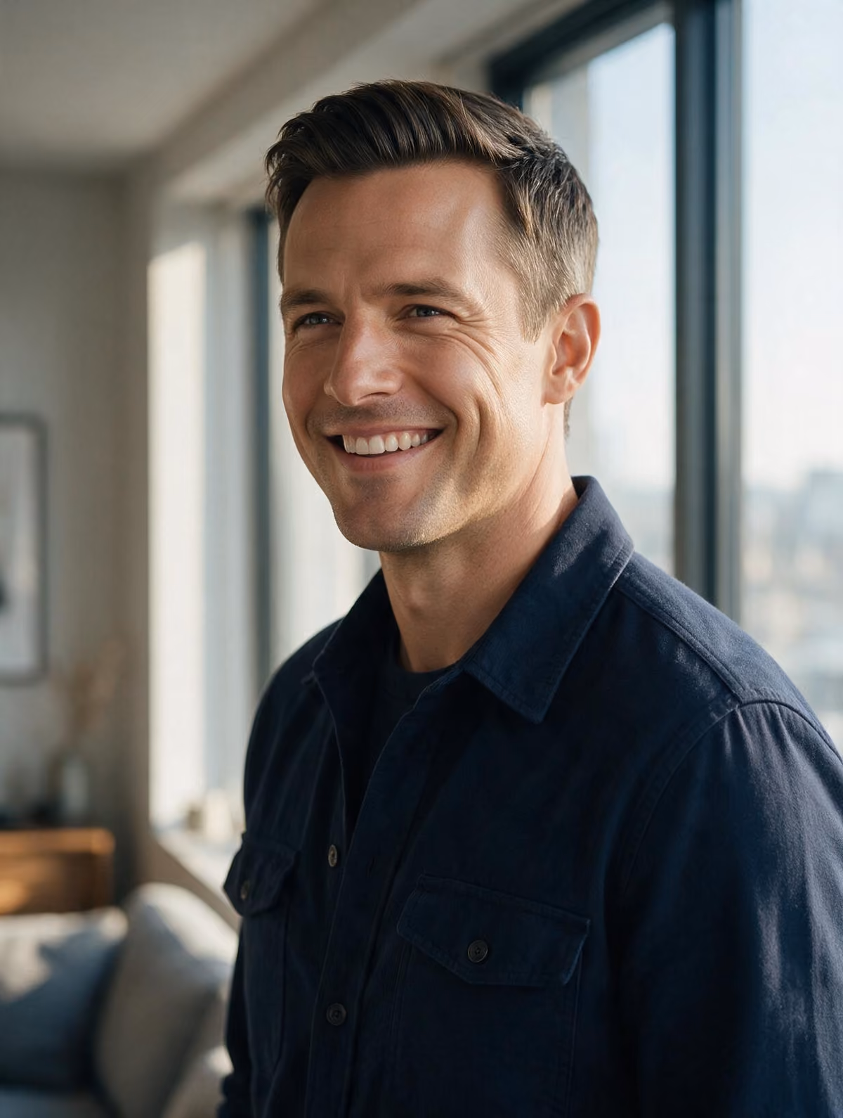 Smiling man by a window in morning light