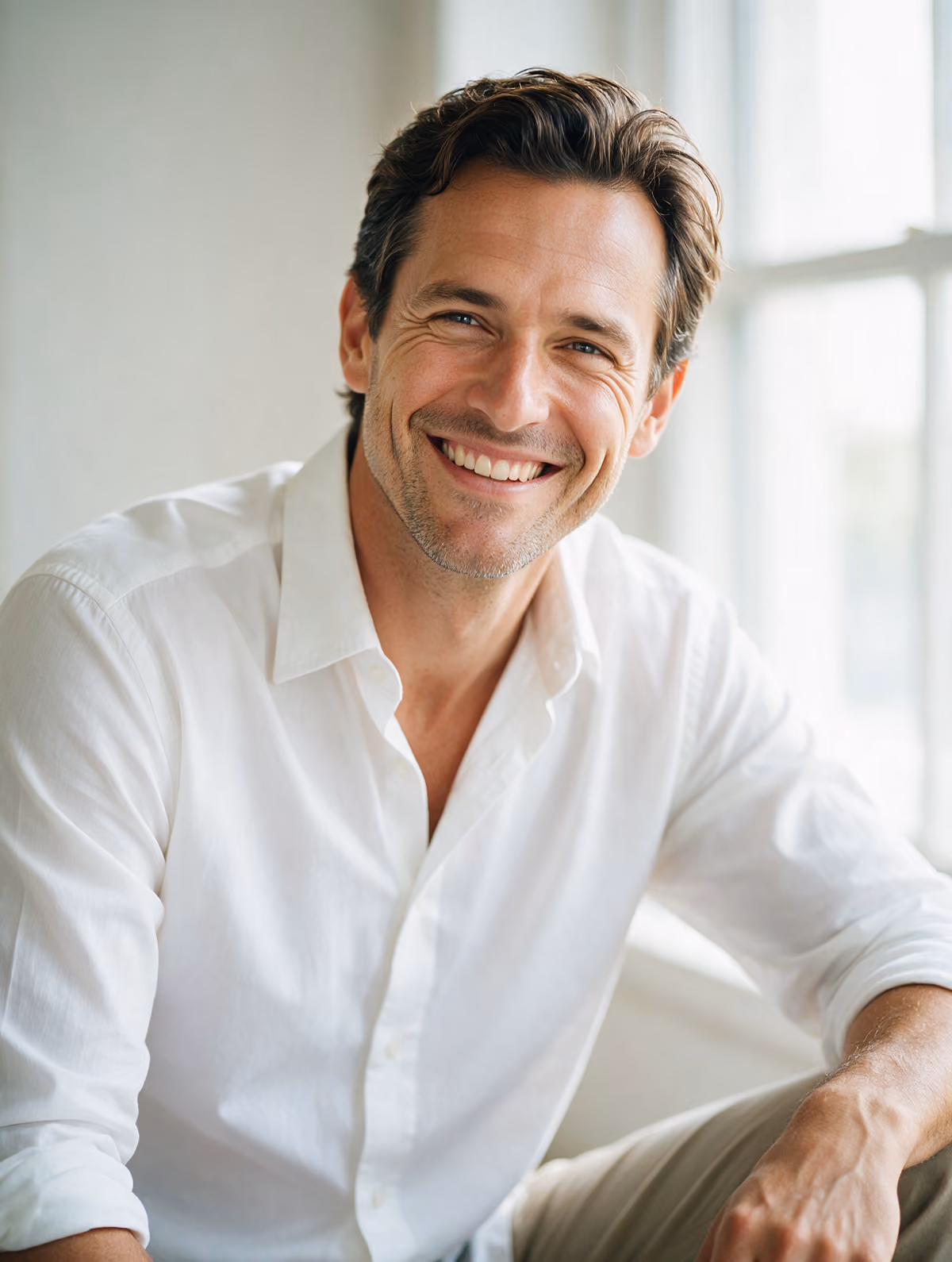 Smiling man in a white shirt by a window