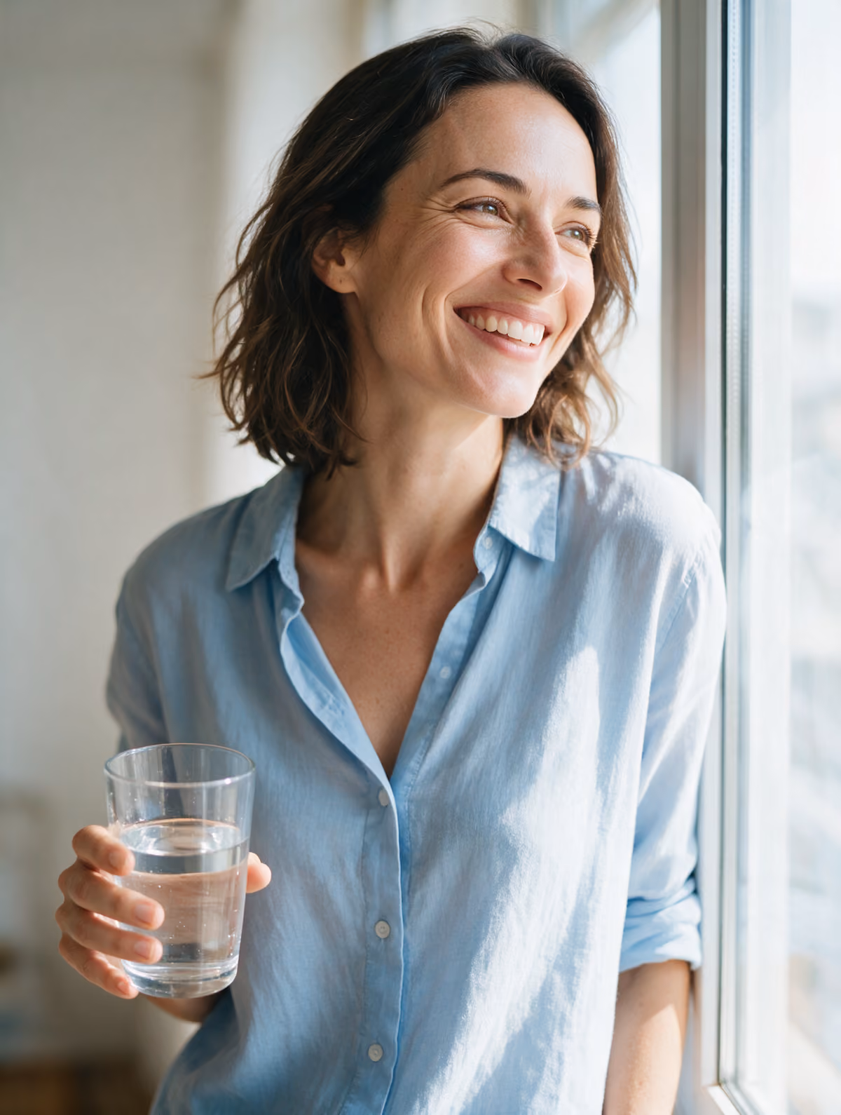 Smiling woman holding a glass of water by a window