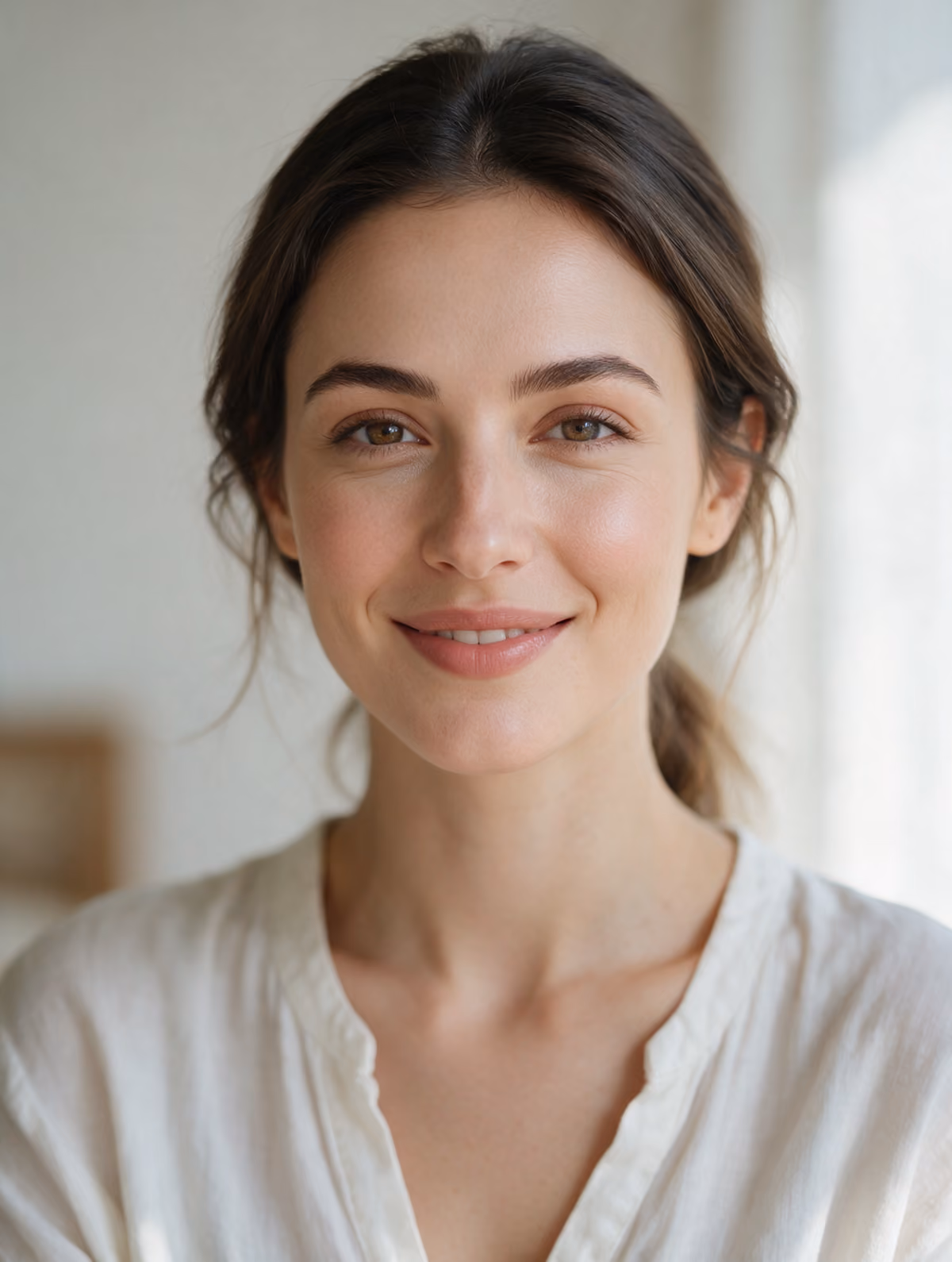 Woman with natural makeup and softly defined brows
