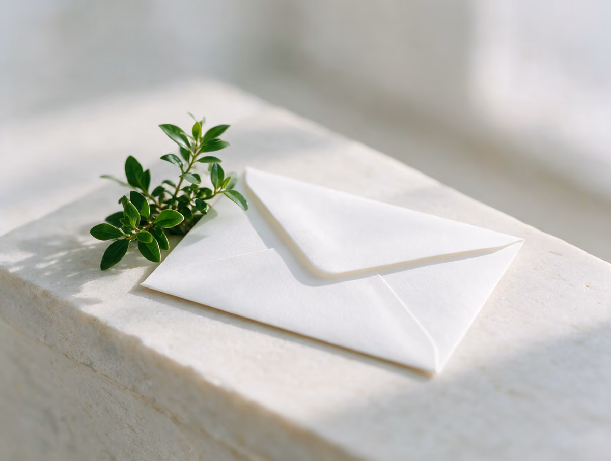 A white envelope and a small green plant on pale stone