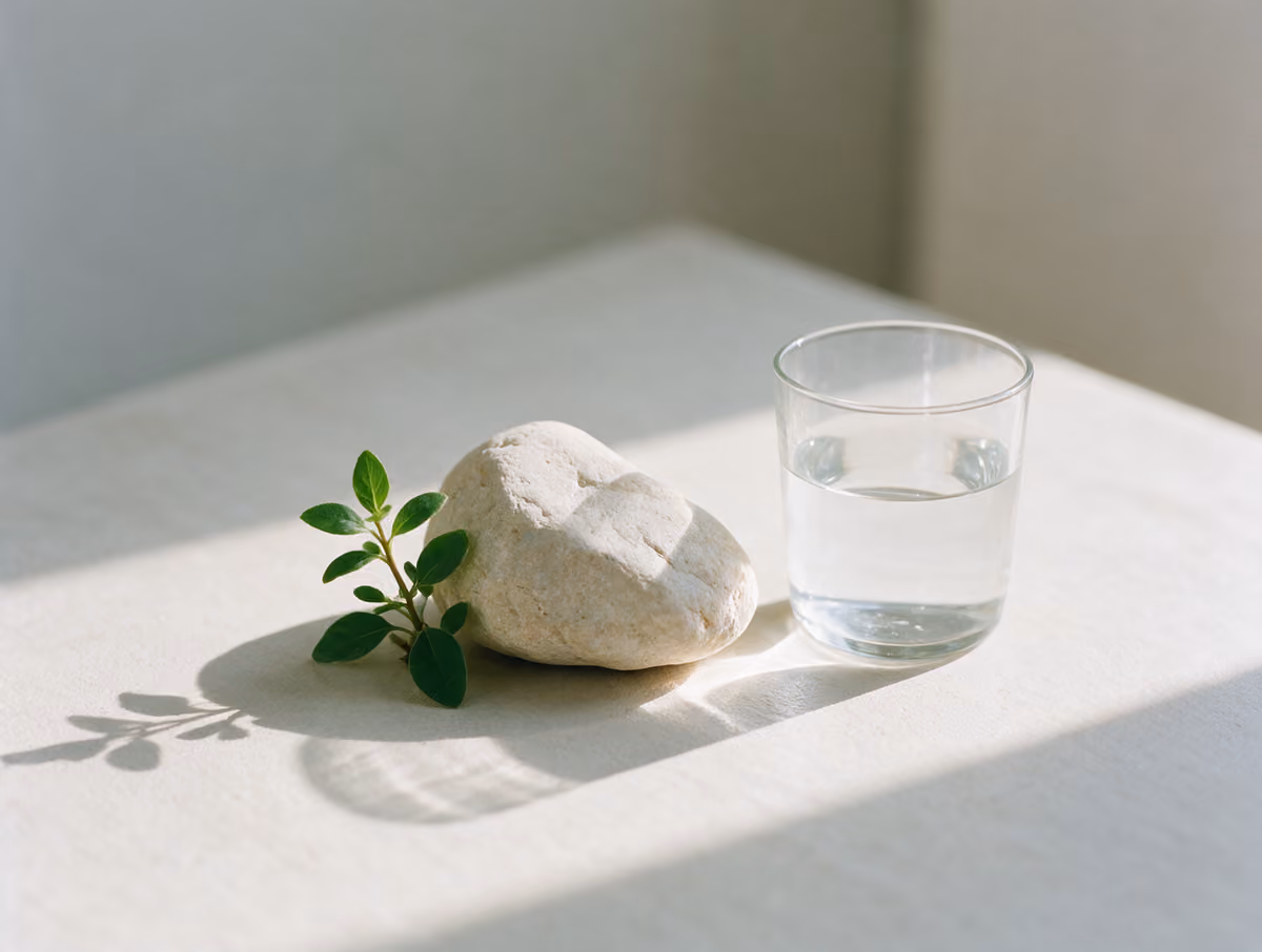 A pale stone with a small green plant and a glass of water
