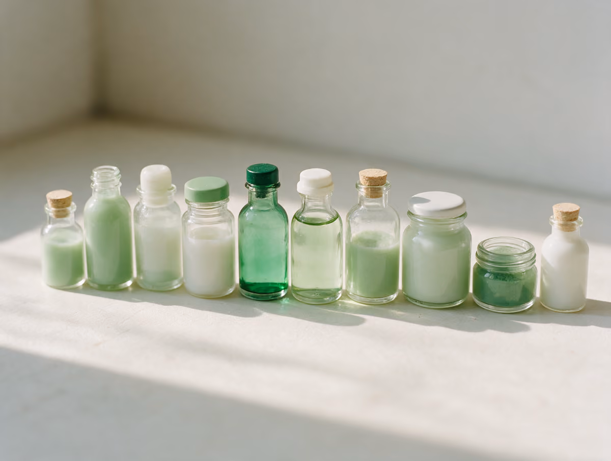 A neat row of small glass bottles and jars in soft green and white