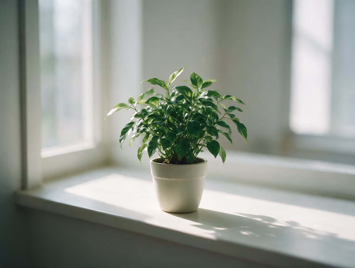 A bright windowsill with a green plant and soft shadows